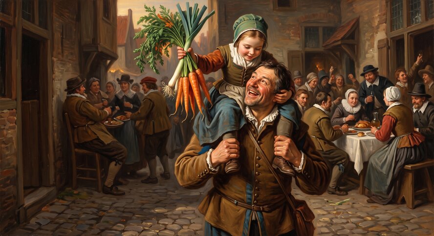 Ein heiteres Historiengemälde im niederländischen Barockstil: Ein lachender Vater trägt seine junge Tochter auf den Schultern durch eine Gasse. Das Mädchen hält stolz einen Bund Karotten und Lauch in die Höhe, während im Hintergrund ein ländliches Festmahl stattfindet.