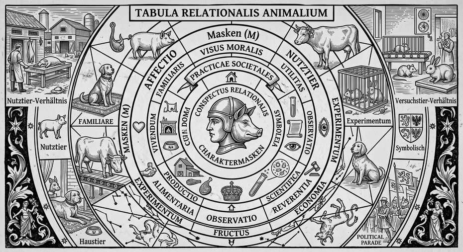 Eine detailreiche, allegorische Kupferstich-Grafik mit dem Titel „TABULA RELATIONALIS ANIMALIUM“, die das komplexe Beziehungsgefüge und die gesellschaftlichen Rollen („Charaktermasken“) von Menschen und Tieren darstellt. Eine zentrale Kreisentwederung ordnet Tiere verschiedenen Kategorien wie „Haustier“, „Nutztier“ und „Experimentum“ zu, umgeben von vier Eckszenen, die diese Verhältnisse im Alltag, der Wissenschaft und Politik illustrieren.