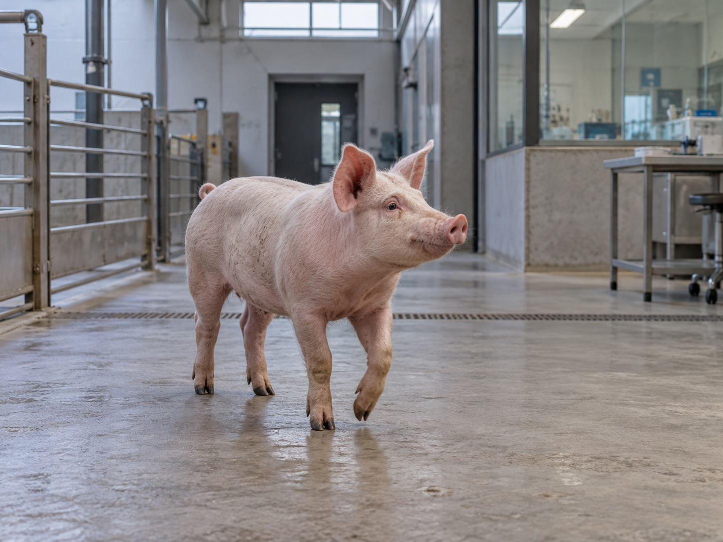 Rosa Schwein in einem modernen Stall- und Forschungsraum mit Betonboden, Metallgittern und Glaswänden; es geht aufmerksam nach rechts und hebt ein Vorderbein.